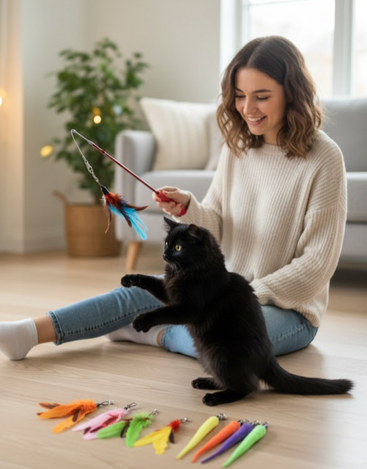 Interactive Cat Feather Toy Set – 2 Wands + 9 Teaser Refills, Bell & Fun Exerciser for Kittens & Cats