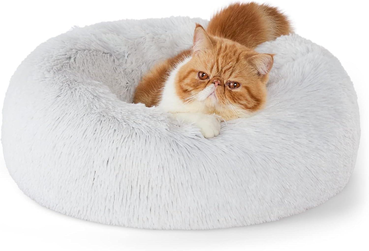 Calming Indoor Cat Bed – Round Fluffy Plush Faux Fur, Anti-Slip, Washable, 20-Inch Small Cat Bed for Cats Up to 15 lb