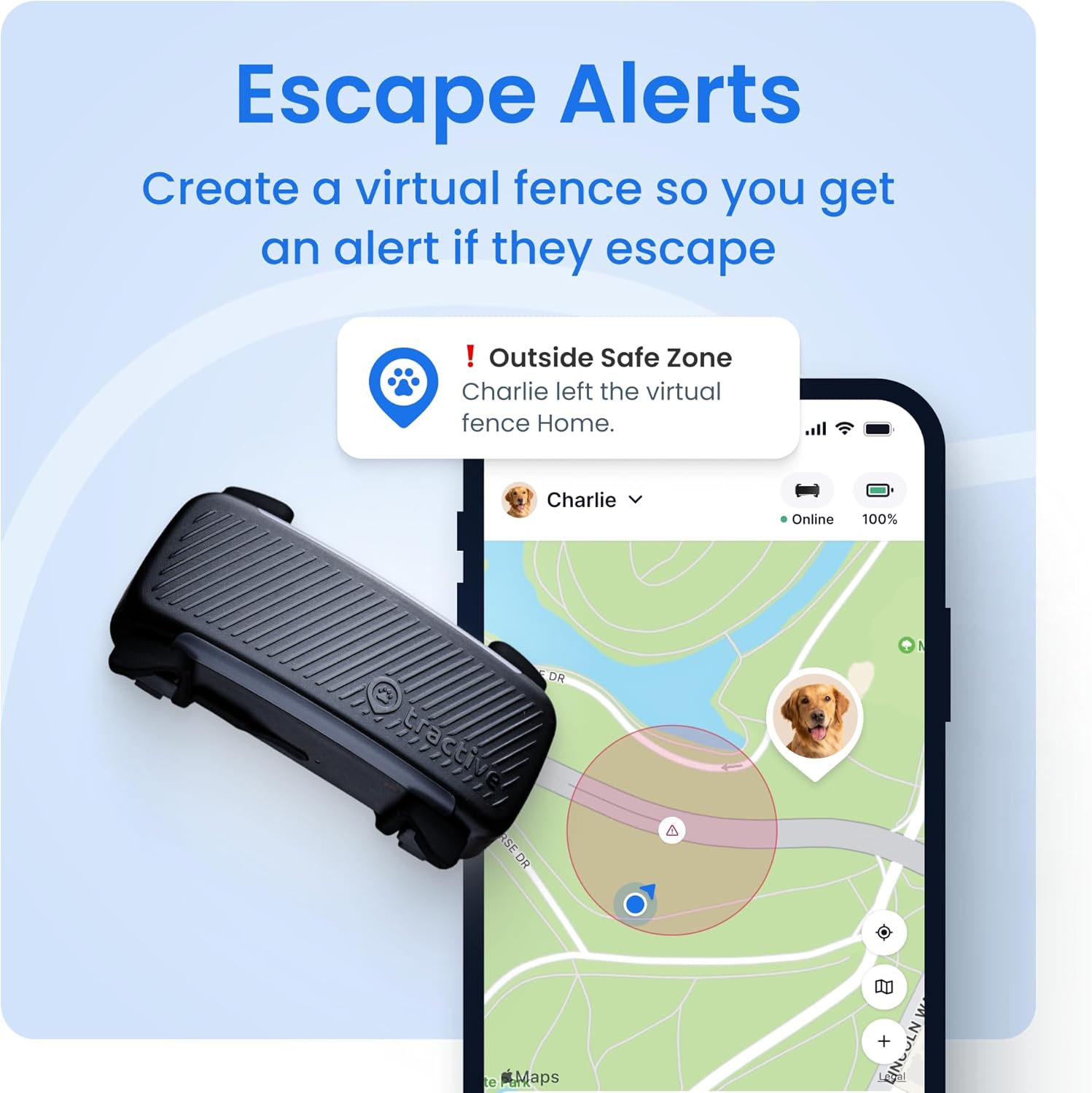 Tractive Smart Dog GPS Tracker – Live Location, Virtual Fence, Vital Signs & Bark Monitoring (Black, Collar Attachment)