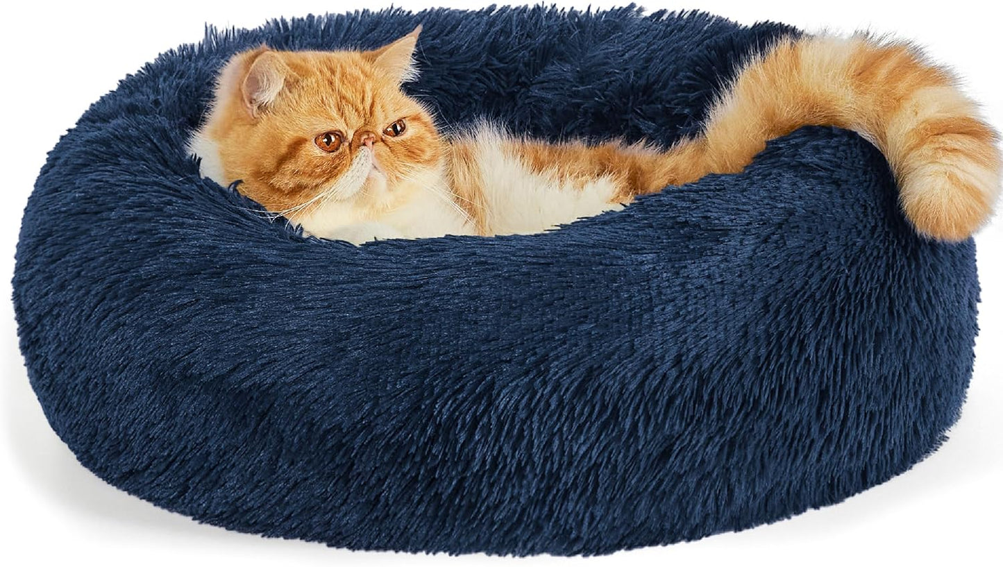 Calming Indoor Cat Bed – Round Fluffy Plush Faux Fur, Anti-Slip, Washable, 20-Inch Small Cat Bed for Cats Up to 15 lb