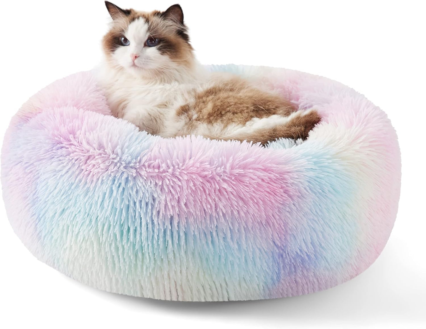 Calming Indoor Cat Bed – Round Fluffy Plush Faux Fur, Anti-Slip, Washable, 20-Inch Small Cat Bed for Cats Up to 15 lb