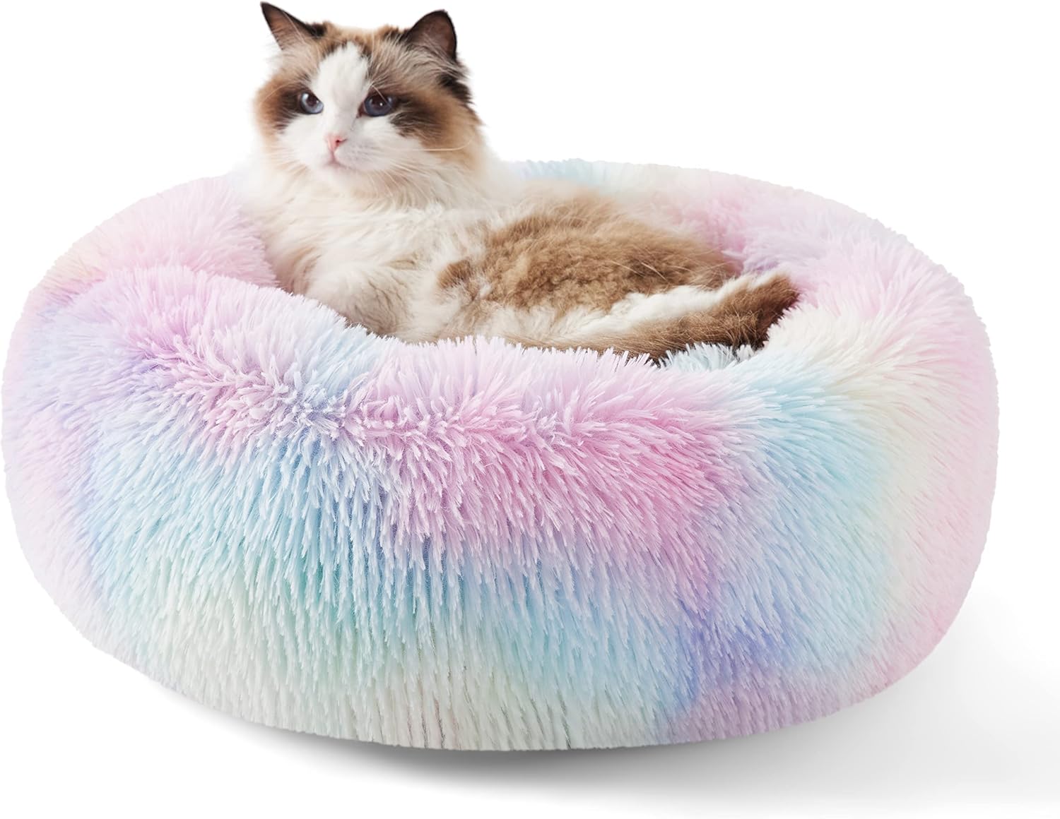 Calming Indoor Cat Bed – Round Fluffy Plush Faux Fur, Anti-Slip, Washable, 20-Inch Small Cat Bed for Cats Up to 15 lb
