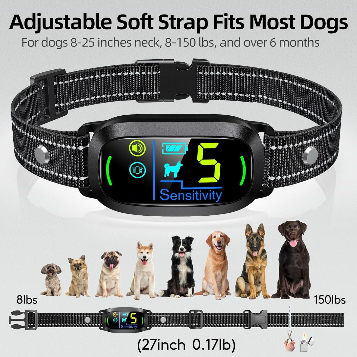 Rechargeable Dog Bark Collar – Adjustable Sensitivity, Beep, Vibration & Safe Shock Training Collar for Small, Medium & Large Dogs