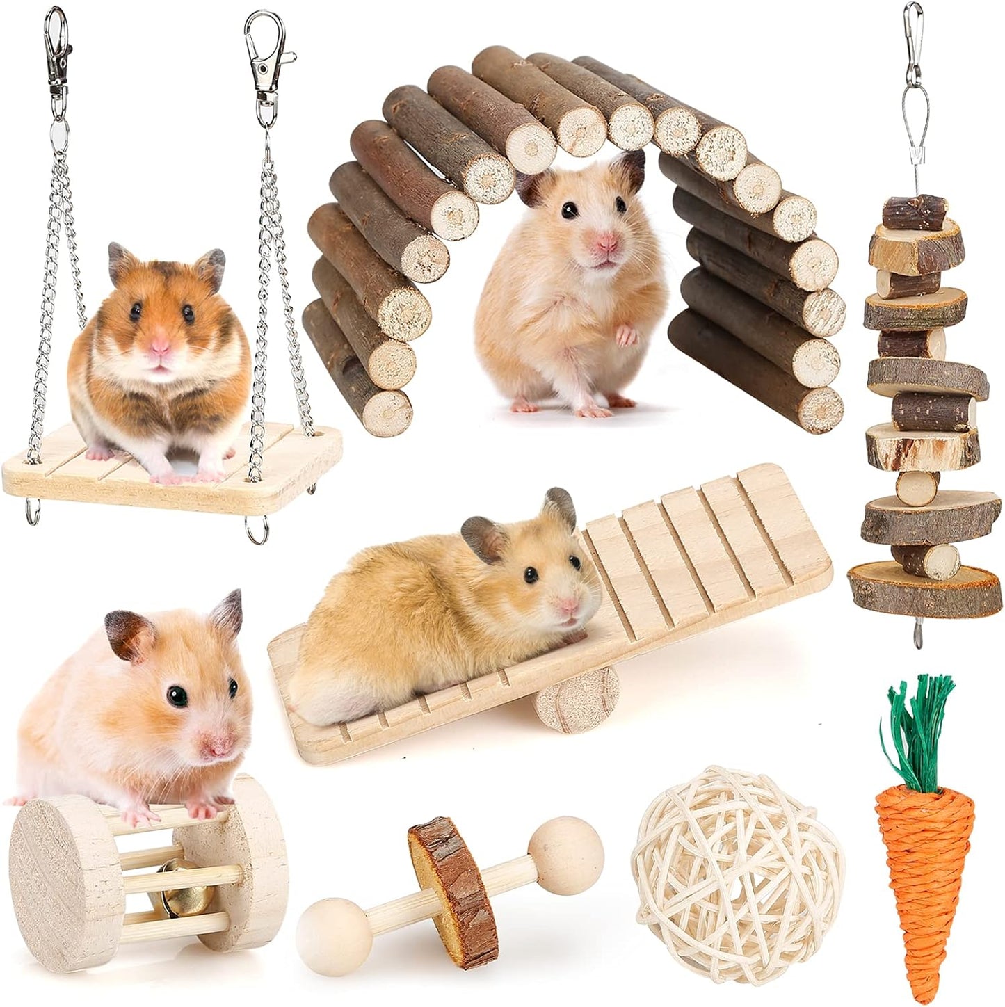 12-Piece Wooden Hamster Accessories Set – Natural Playground Toys for Hamsters, Gerbils, Mice & Small Pets