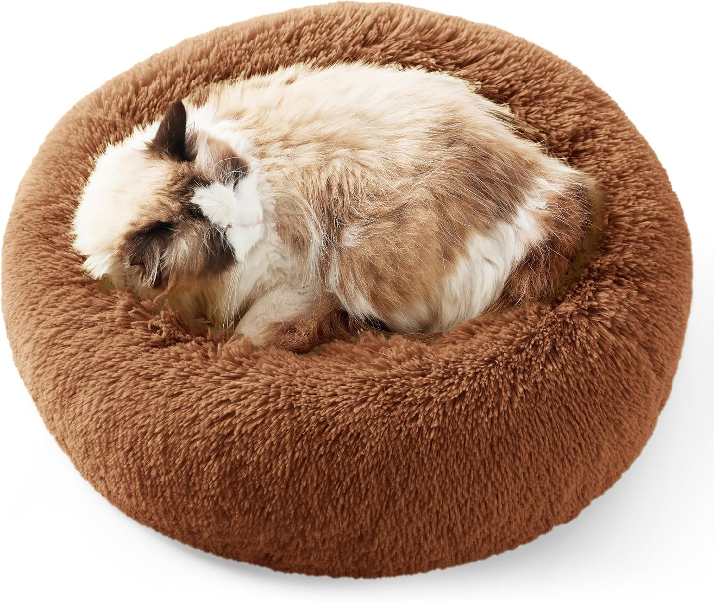 Calming Indoor Cat Bed – Round Fluffy Plush Faux Fur, Anti-Slip, Washable, 20-Inch Small Cat Bed for Cats Up to 15 lb