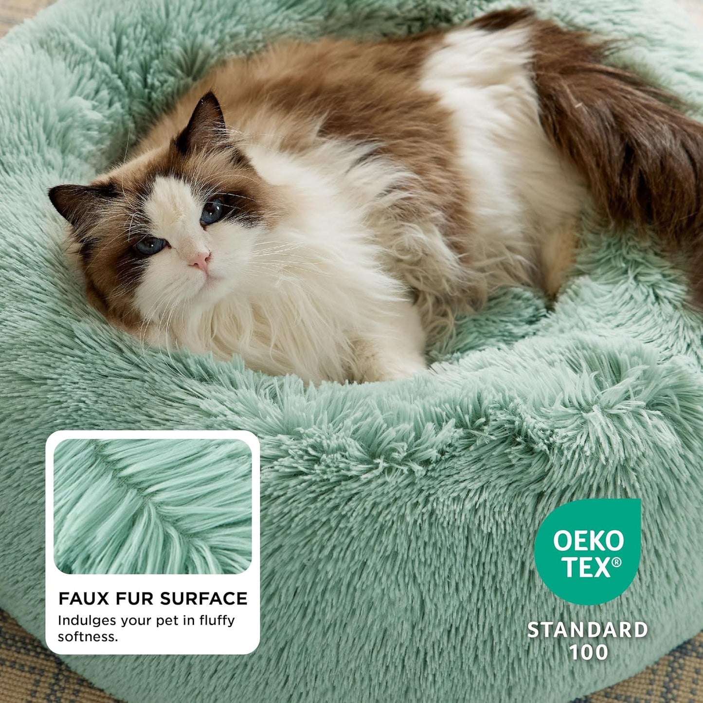 Calming Indoor Cat Bed – Round Fluffy Plush Faux Fur, Anti-Slip, Washable, 20-Inch Small Cat Bed for Cats Up to 15 lb