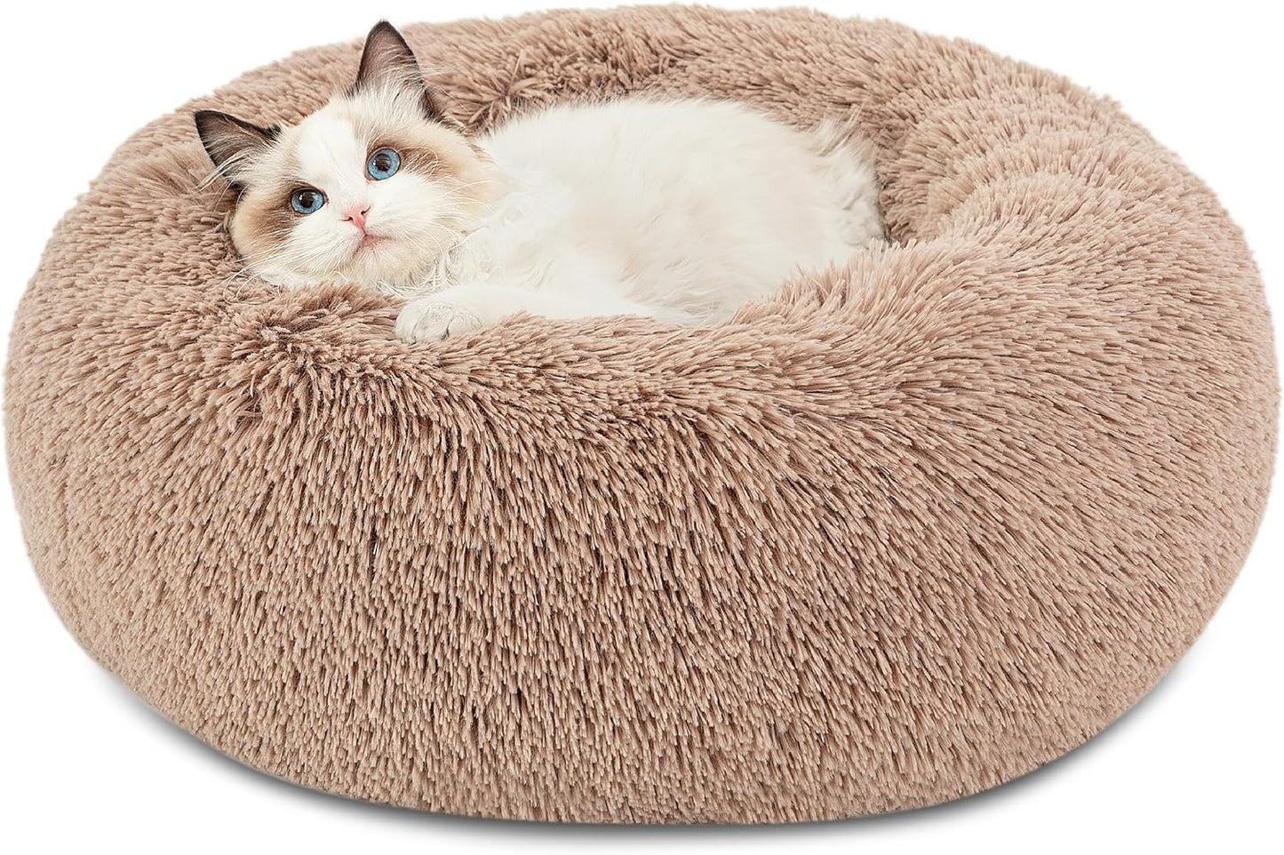 Calming Indoor Cat Bed – Round Fluffy Plush Faux Fur, Anti-Slip, Washable, 20-Inch Small Cat Bed for Cats Up to 15 lb