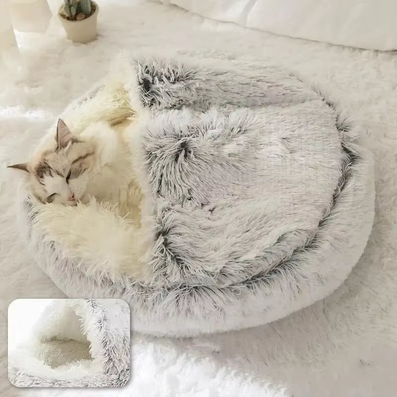 Plush Hooded Pet Bed 2-in-1 Cozy Nest for Cats & Small Dogs