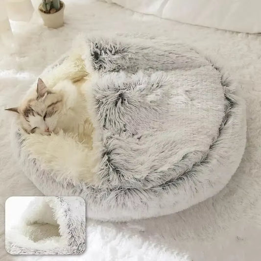 Plush Hooded Pet Bed 2-in-1 Cozy Nest for Cats & Small Dogs