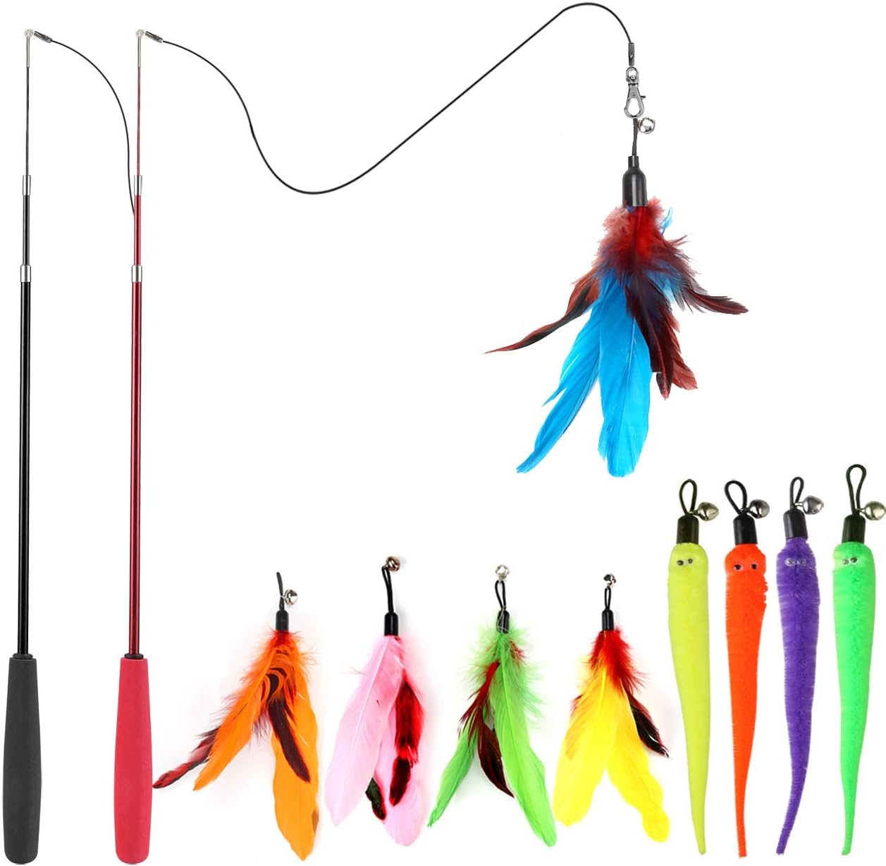Interactive Cat Feather Toy Set – 2 Wands + 9 Teaser Refills, Bell & Fun Exerciser for Kittens & Cats 