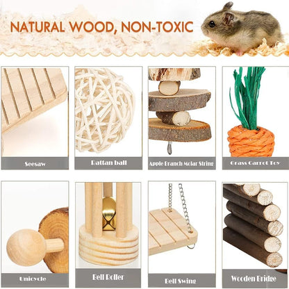 12-Piece Wooden Hamster Accessories Set – Natural Playground Toys for Hamsters, Gerbils, Mice & Small Pets 