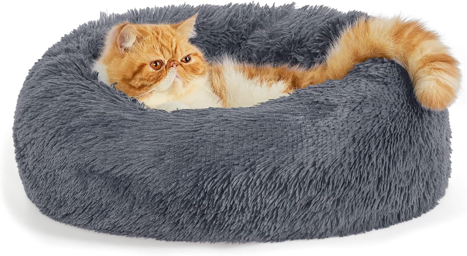 Calming Indoor Cat Bed – Round Fluffy Plush Faux Fur, Anti-Slip, Washable, 20-Inch Small Cat Bed for Cats Up to 15 lb