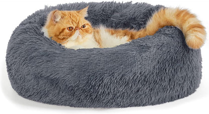 Calming Indoor Cat Bed – Round Fluffy Plush Faux Fur, Anti-Slip, Washable, 20-Inch Small Cat Bed for Cats Up to 15 lb