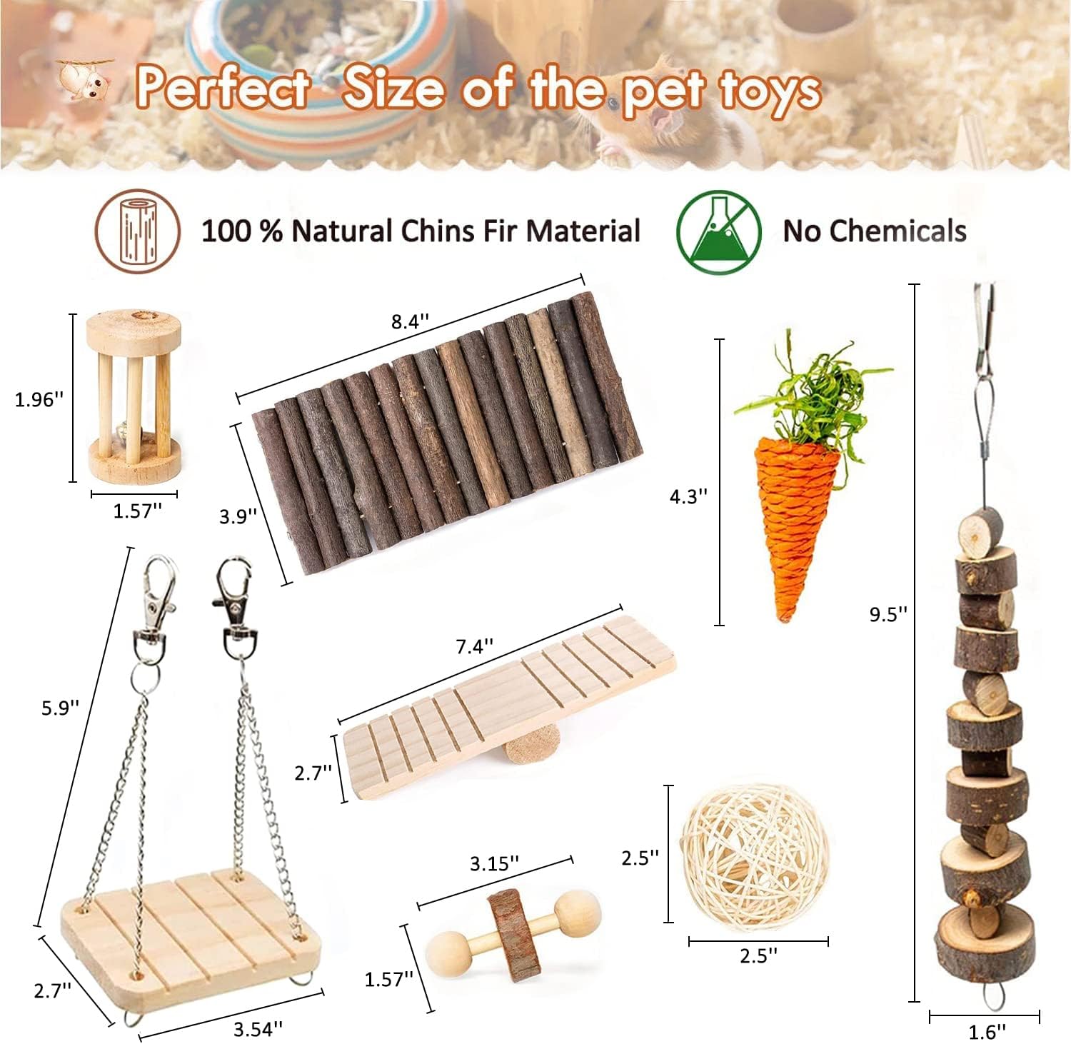 12-Piece Wooden Hamster Accessories Set – Natural Playground Toys for Hamsters, Gerbils, Mice & Small Pets 