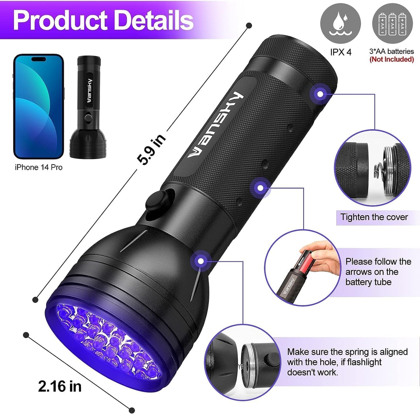 UV Blacklight Flashlight – 51 LED Pet Urine & Stain Detector for Dogs & Cats, Bed Bugs, Scorpions, and Resin Curing