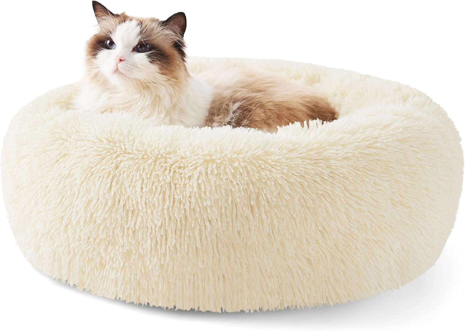 Calming Indoor Cat Bed – Round Fluffy Plush Faux Fur, Anti-Slip, Washable, 20-Inch Small Cat Bed for Cats Up to 15 lb