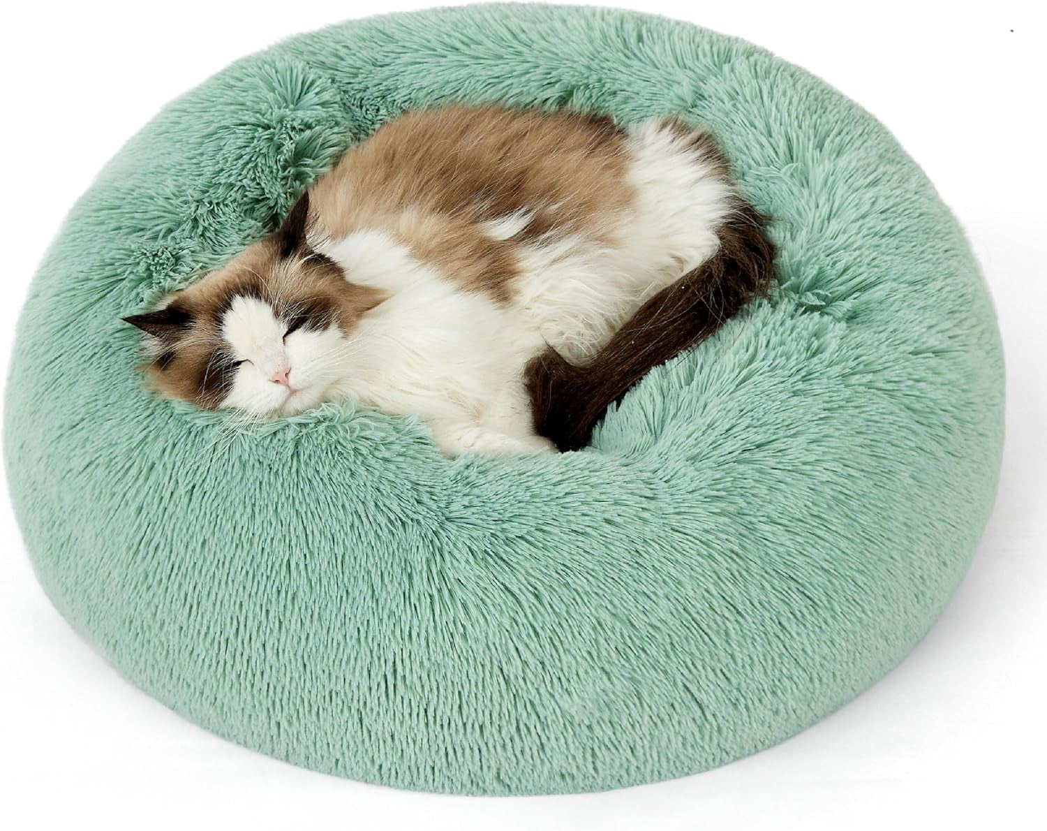 Calming Indoor Cat Bed – Round Fluffy Plush Faux Fur, Anti-Slip, Washable, 20-Inch Small Cat Bed for Cats Up to 15 lb
