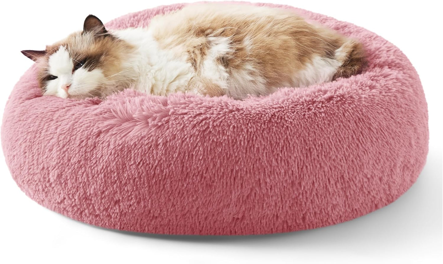 Calming Indoor Cat Bed – Round Fluffy Plush Faux Fur, Anti-Slip, Washable, 20-Inch Small Cat Bed for Cats Up to 15 lb