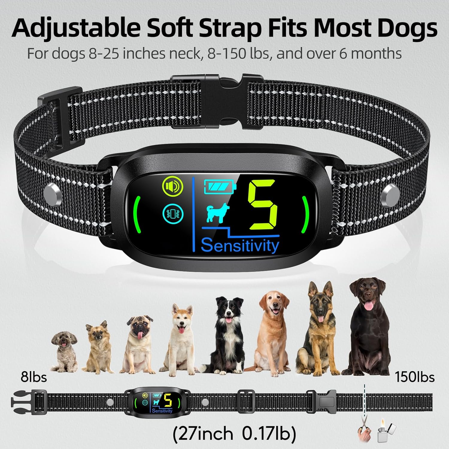 Rechargeable Dog Bark Collar – Adjustable Sensitivity, Beep, Vibration & Safe Shock Training Collar for Small, Medium & Large Dogs