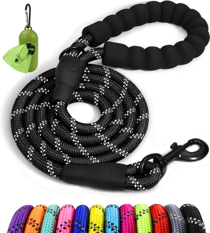 Rope Dog Leash 4 FT with Comfortable Padded Handle, Highly Reflective Threads Leash for Medium Large Dogs, 1/2 Inch, Black