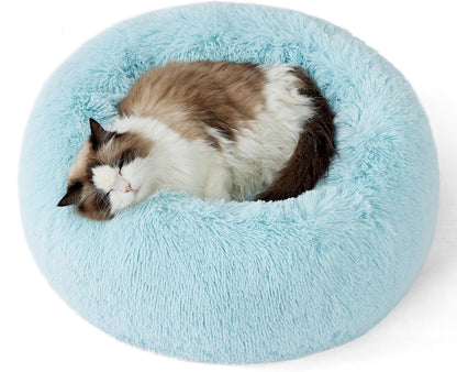 Calming Indoor Cat Bed – Round Fluffy Plush Faux Fur, Anti-Slip, Washable, 20-Inch Small Cat Bed for Cats Up to 15 lb
