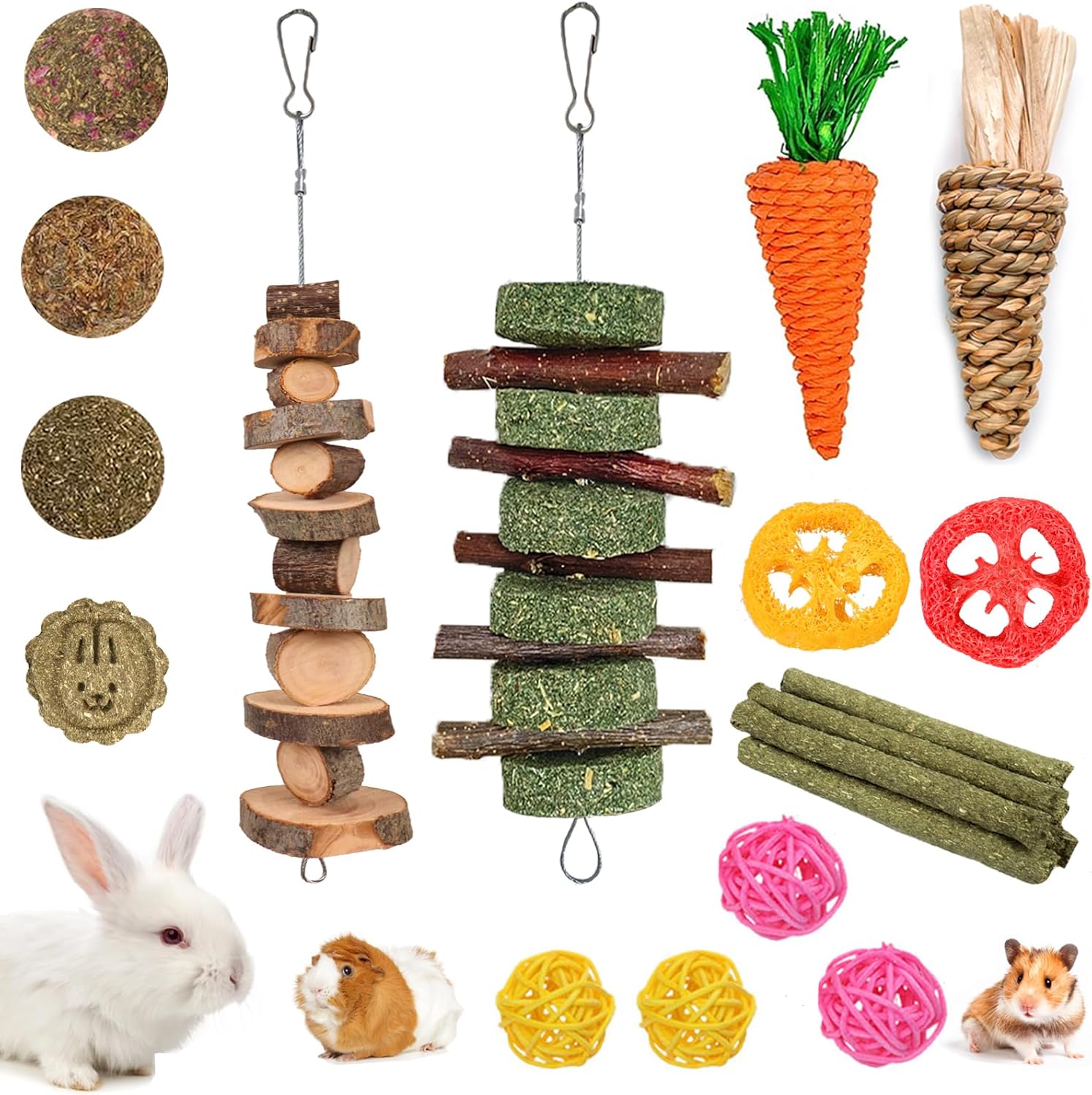 20-Piece Natural Bunny & Small Pet Chew Toy Set – Timothy Sticks & Apple Wood for Rabbits, Guinea Pigs, Hamsters, Chinchillas