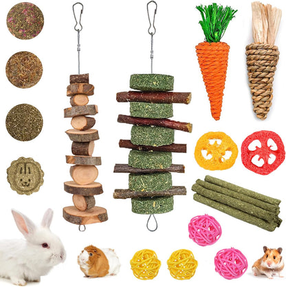 20-Piece Natural Bunny & Small Pet Chew Toy Set – Timothy Sticks & Apple Wood for Rabbits, Guinea Pigs, Hamsters, Chinchillas