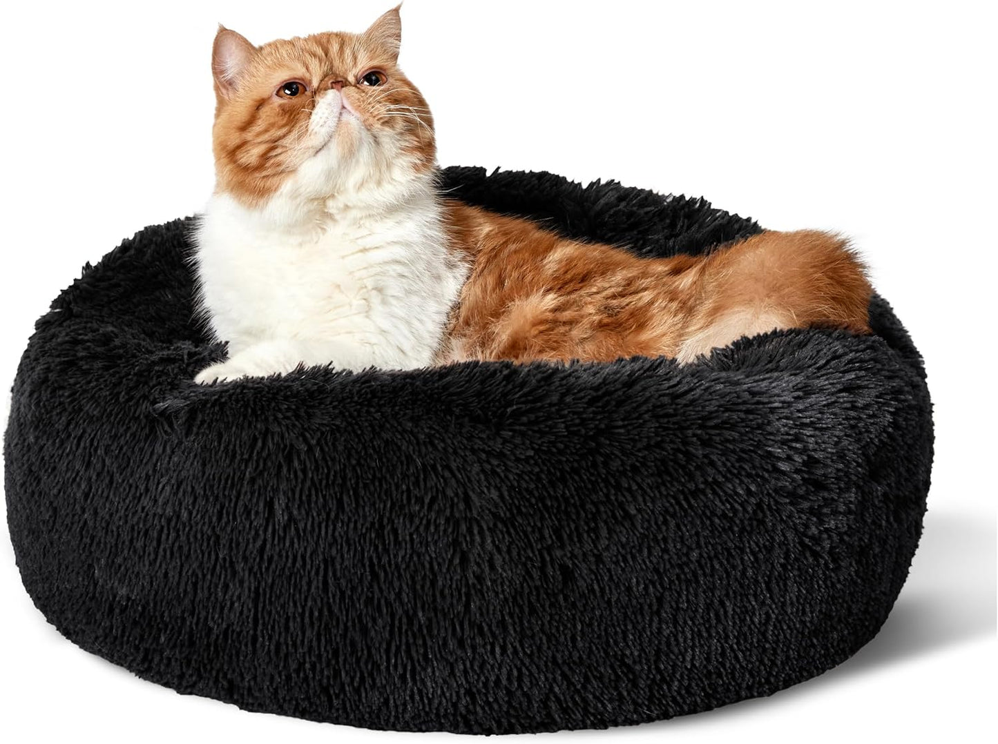 Calming Indoor Cat Bed – Round Fluffy Plush Faux Fur, Anti-Slip, Washable, 20-Inch Small Cat Bed for Cats Up to 15 lb
