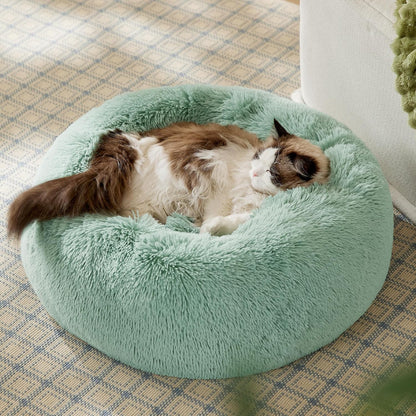 Calming Indoor Cat Bed – Round Fluffy Plush Faux Fur, Anti-Slip, Washable, 20-Inch Small Cat Bed for Cats Up to 15 lb