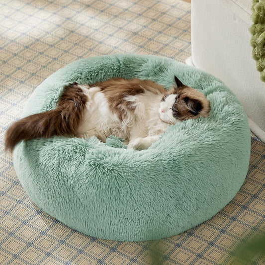 Calming Indoor Cat Bed – Round Fluffy Plush Faux Fur, Anti-Slip, Washable, 20-Inch Small Cat Bed for Cats Up to 15 lb