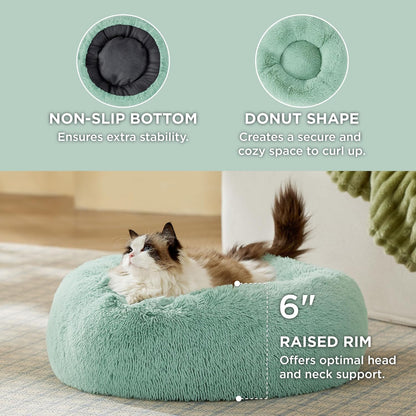 Calming Indoor Cat Bed – Round Fluffy Plush Faux Fur, Anti-Slip, Washable, 20-Inch Small Cat Bed for Cats Up to 15 lb