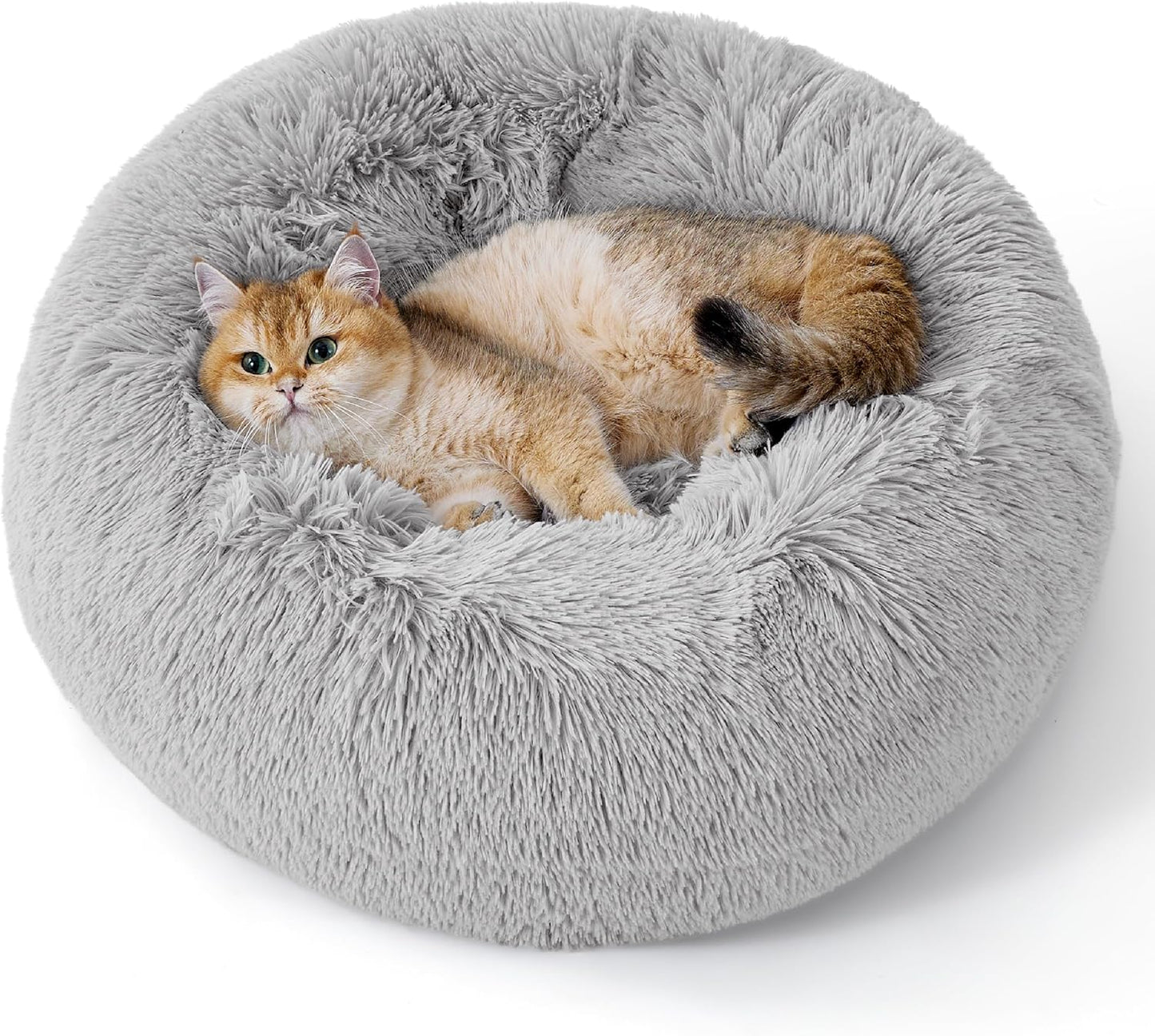 Calming Indoor Cat Bed – Round Fluffy Plush Faux Fur, Anti-Slip, Washable, 20-Inch Small Cat Bed for Cats Up to 15 lb