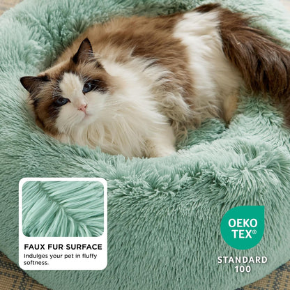 Calming Indoor Cat Bed – Round Fluffy Plush Faux Fur, Anti-Slip, Washable, 20-Inch Small Cat Bed for Cats Up to 15 lb