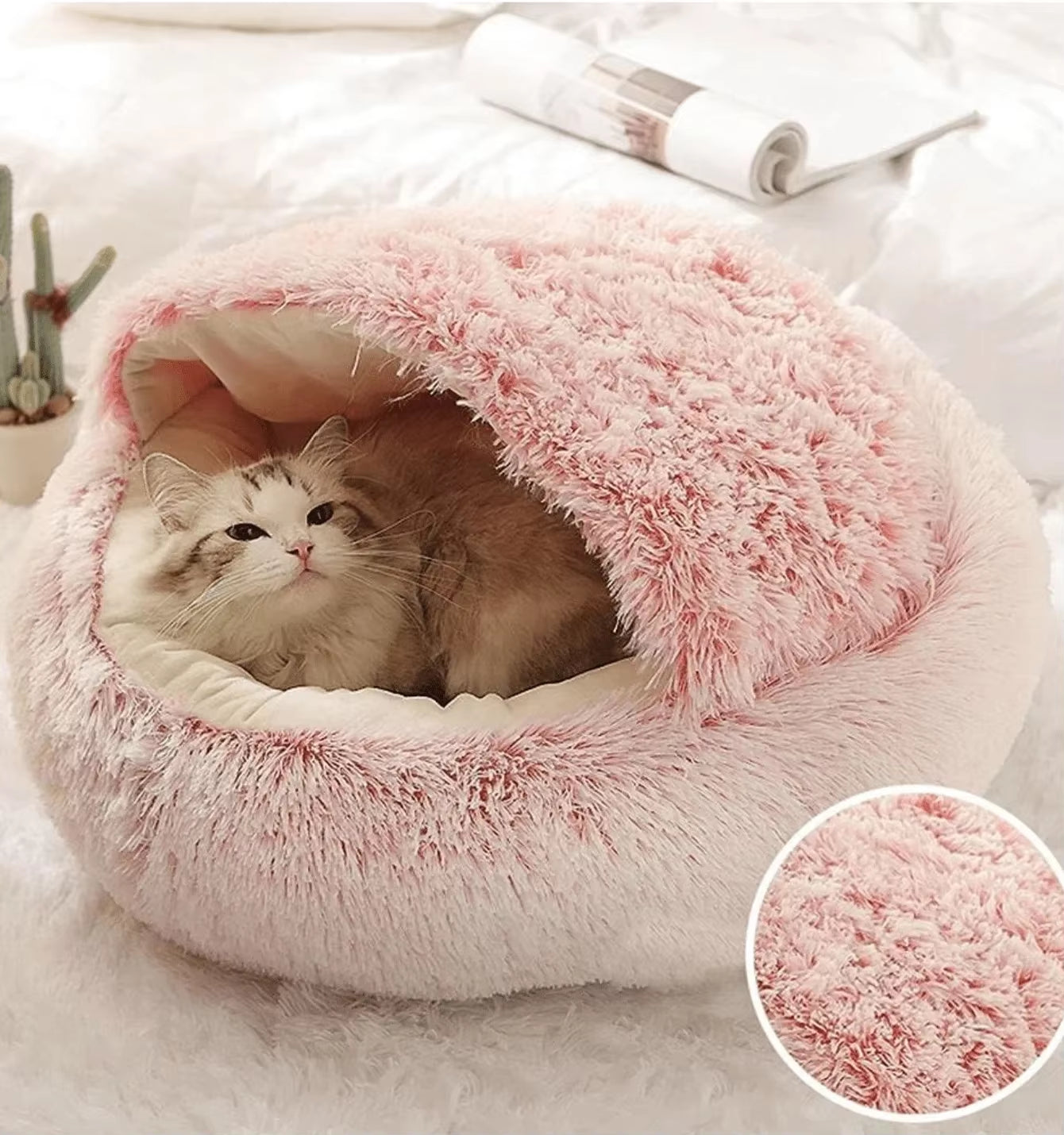 Plush Hooded Pet Bed 2-in-1 Cozy Nest for Cats & Small Dogs
